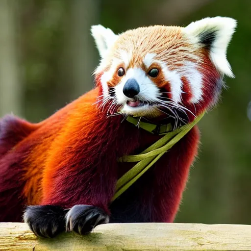 Image similar to red panda with armour, holding american flag, photo, dslr, photorealistic