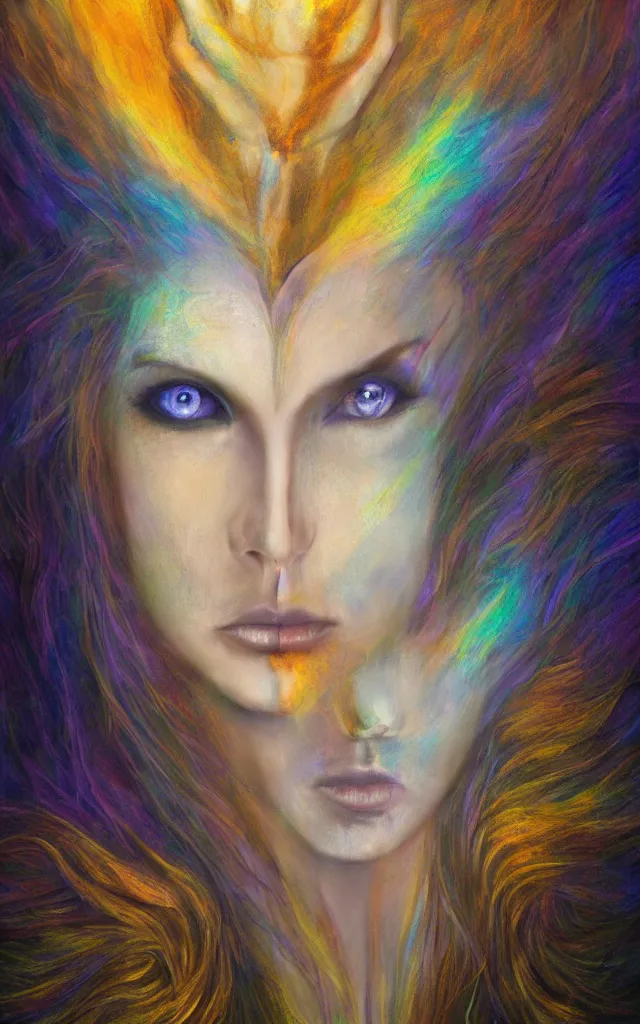 Image similar to iridescent spirit of desire and fear cruel beautiful spirit (androgynous) with golden eyes lunar mythos ambient fog, award winning oil painting, distinct color palette