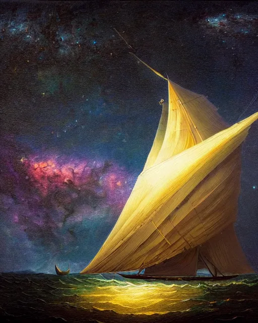 Prompt: an extremely colorful detailed masterpiece of the sailing vessel constitution frigate starboard bow, under sail at night under the stars and milky way galaxy, in the style of franz sedlacek, epic scene, extremely moody lighting, glowing light and shadow, atmospheric, shadowy, cinematic, 4 k