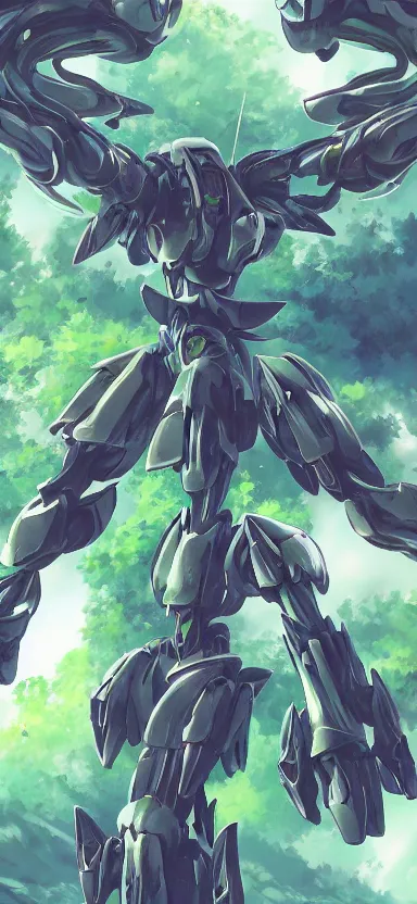 Image similar to giant humanoid plant mecha, forest, key art, sharp lines, towering above a small person, aesthetic, anime, trigger, shigeto koyama, hiroyuki imaishi