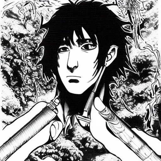 Image similar to pen and ink!!!! attractive 22 year old Gantz monochrome!!!! Frank Zappa x Daniel Radcliff highly detailed manga Vagabond!!!! telepathic floating magic swordsman!!!! glides through a beautiful!!!!!!! battlefield magic the gathering dramatic esoteric!!!!!! pen and ink!!!!! illustrated in high detail!!!!!!!! graphic novel!!!!!!!!! by Juan Francisco Casas and Hiroya Oku!!!!!!!!! MTG!!! award winning!!!! full closeup portrait!!!!! action manga panel