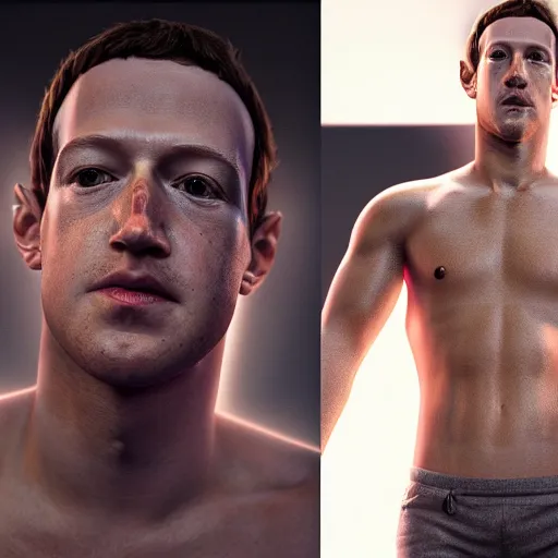 Image similar to professional photograph of very hot and muscular mark zuckerberg, gleaming skin, glowing, sparkling, hyper realistic, digital painting, rendered in unreal 5, octane render, artstation, ambient lighting