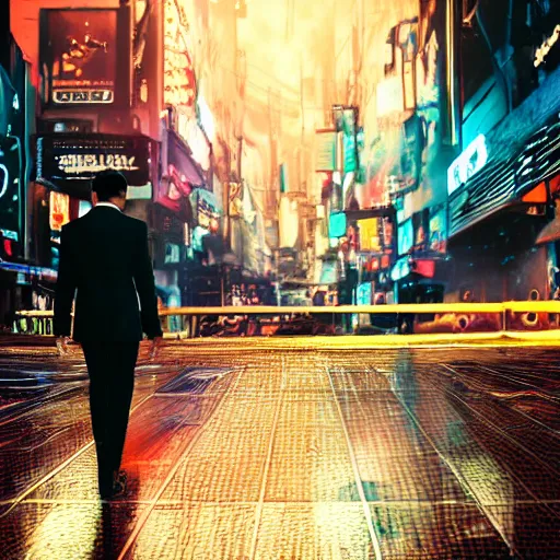 Image similar to a man in a suit walking away from an explosion, cityscape, neon, cyberpunk, bladerunner