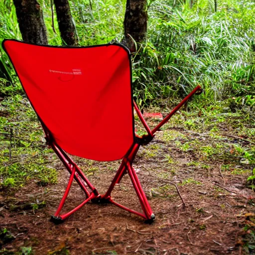 Prompt: a red camping chair in the middle of a dense jungle. the chair is far away from the camera.