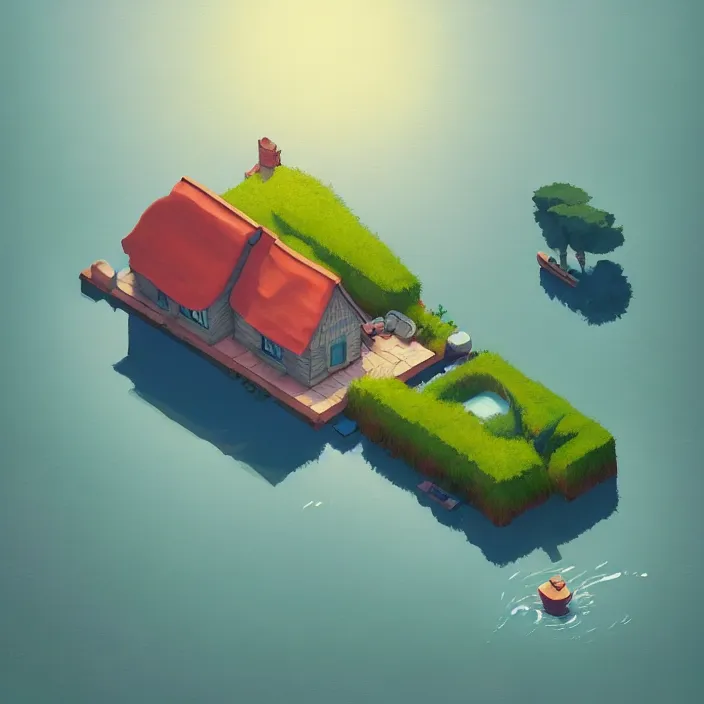 Prompt: isometric view of a lovely cottage standing in the middle of a lake, plain background, cory loftis, james gilleard, atey ghailan, makoto shinkai, goro fujita, studio ghibli, exquisite lighting, clear focus, very coherent, soft painting