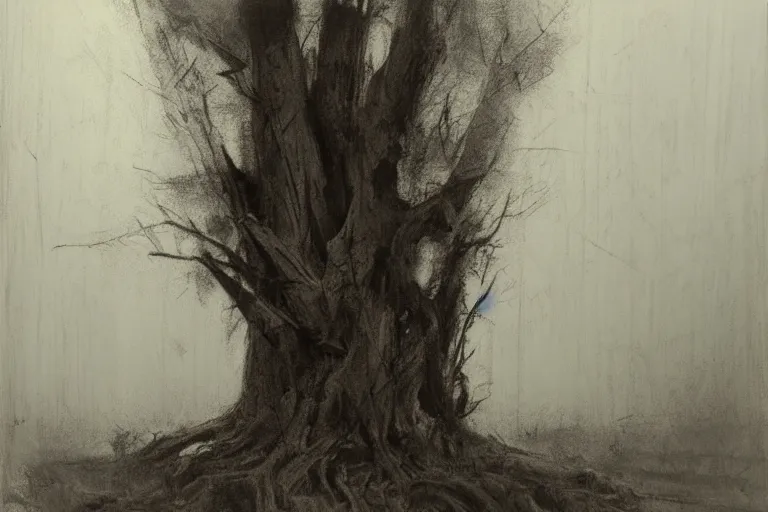 Image similar to graphite sketch of a dead stump of a tree at a rural crossroad, by jeremy mann