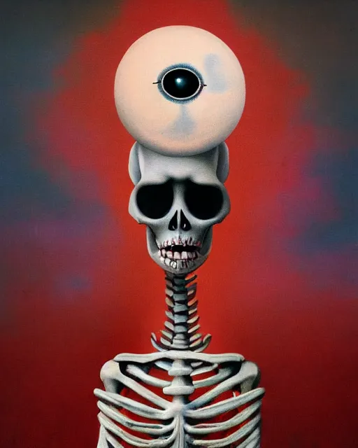 Image similar to a surrealistic head and shoulder painting of a gorgeous female skeleton with eyeballs and red lipstick, in the style of rene magritte and zdzislaw beksinski and mark ryden, digital art, detailed masterpiece