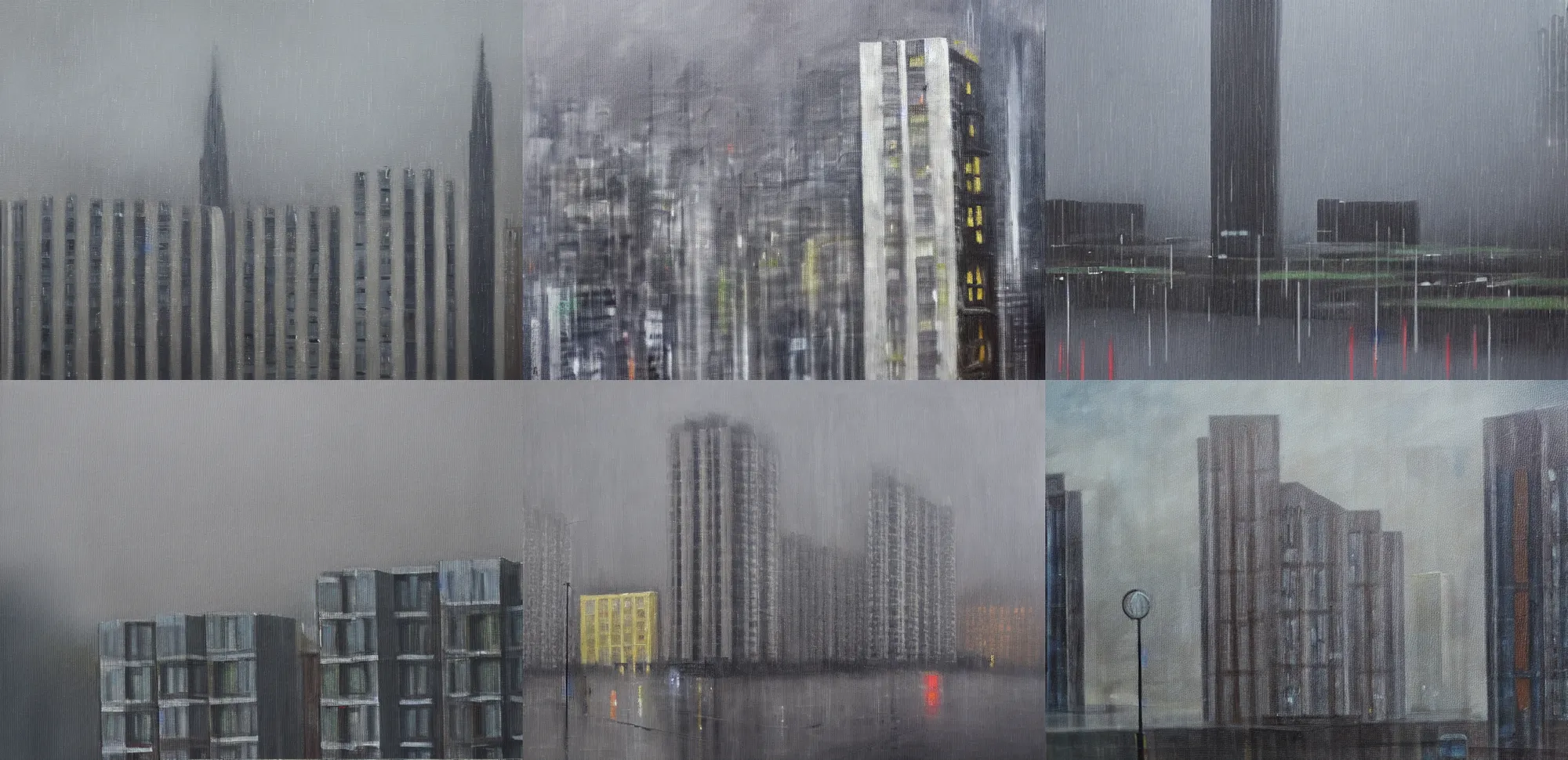 Prompt: oil landscape painting of a tower block estate, grey skies and rain, high detail