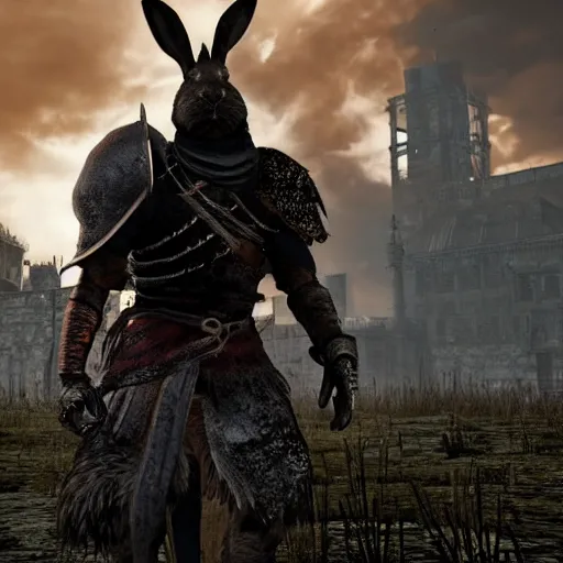 Prompt: a rabbit in the video game Dark Souls 3