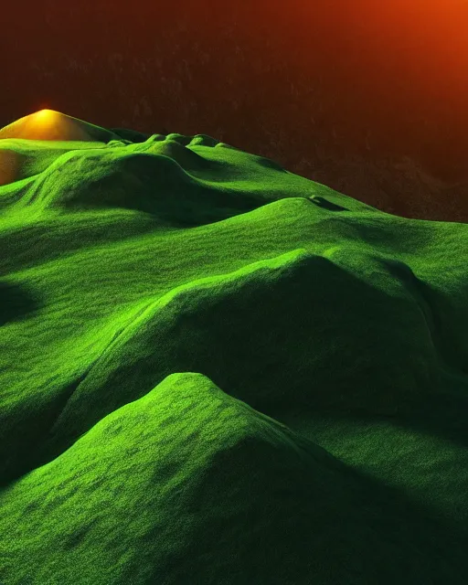 Image similar to a man standing in the middle of a mountain looking at a glowy shape, a render by filip hodas, behance contest winner, environmental art, rendered in cinema 4 d, volumetric lighting