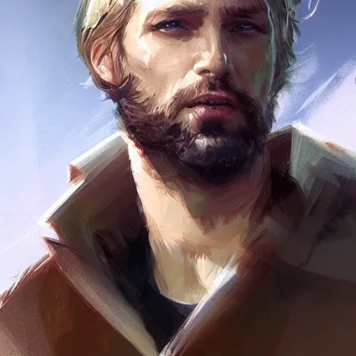 Image similar to portrait of a man by greg rutkowski, cade skywalker, messy blond hair, beard, tall and muscular, star wars expanded universe, he is about 3 0 years old, wearing a flying jacket, highly detailed portrait, digital painting, artstation, concept art, smooth, sharp foccus ilustration, artstation hq