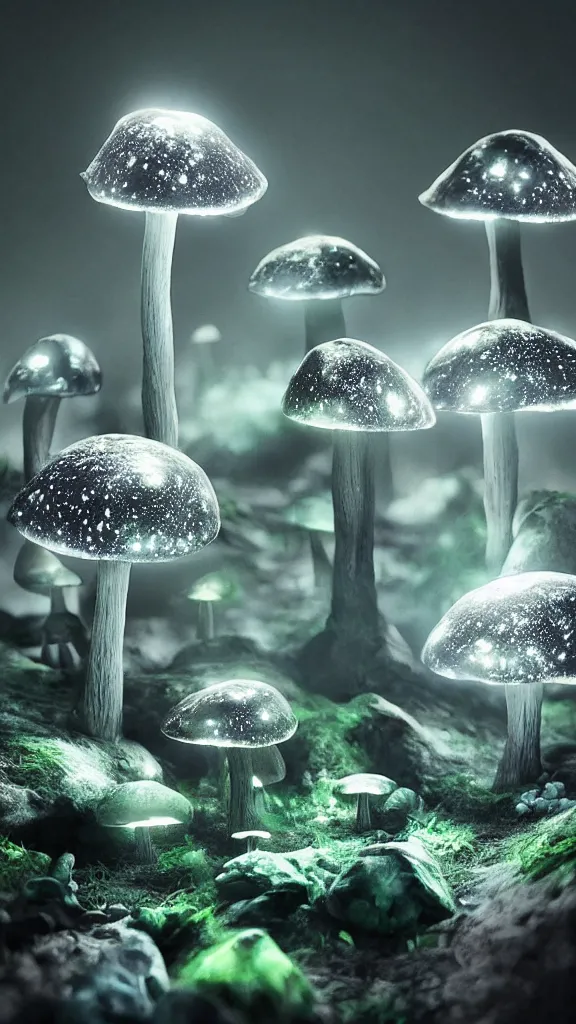 Image similar to “bioluminescent crystal mushrooms, Artstation HQ, photorealistic, hiperrealistic, sharp focus, 4k UHD, Unreal Engine 5, cinematic shot, cinematic lightning, dark tones, high contrast, intricate, mysctical, masterpiece”