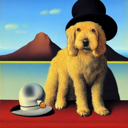 Image similar to a rene magritte painting of a dog wearing a hat, mountains in the background, award winning painting, detailed, surreal, symmetrical, clean, smooth, aesthetic