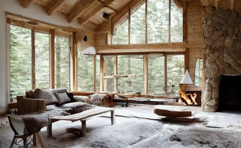 Image similar to rustic modernist cabin living room, large window with a view of a forest, white walls, oak wood timberwork, feng shui, fire place, bohemian, german style, cozy, swedish design