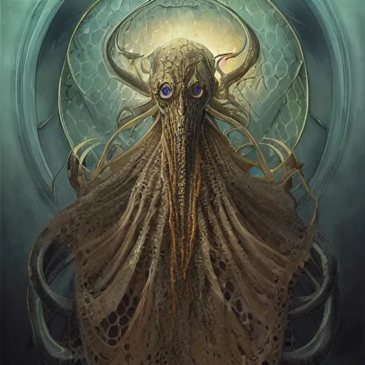 Image similar to Portrait of an undead ilithid mindflayer dracolich, honeycomb background, d&d, fantasy, intricate, elegant, highly detailed, digital painting, artstation, concept art, smooth, sharp focus, illustration, art by Krenz Cushart and Artem Demura and alphonse mucha
