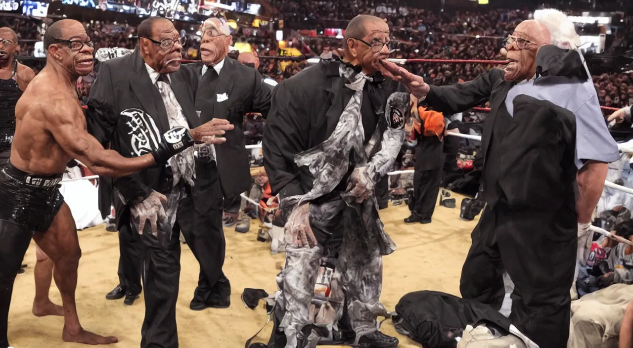 Prompt: still of teddy long telling bigfoot he's going to go one on one with the undertaker