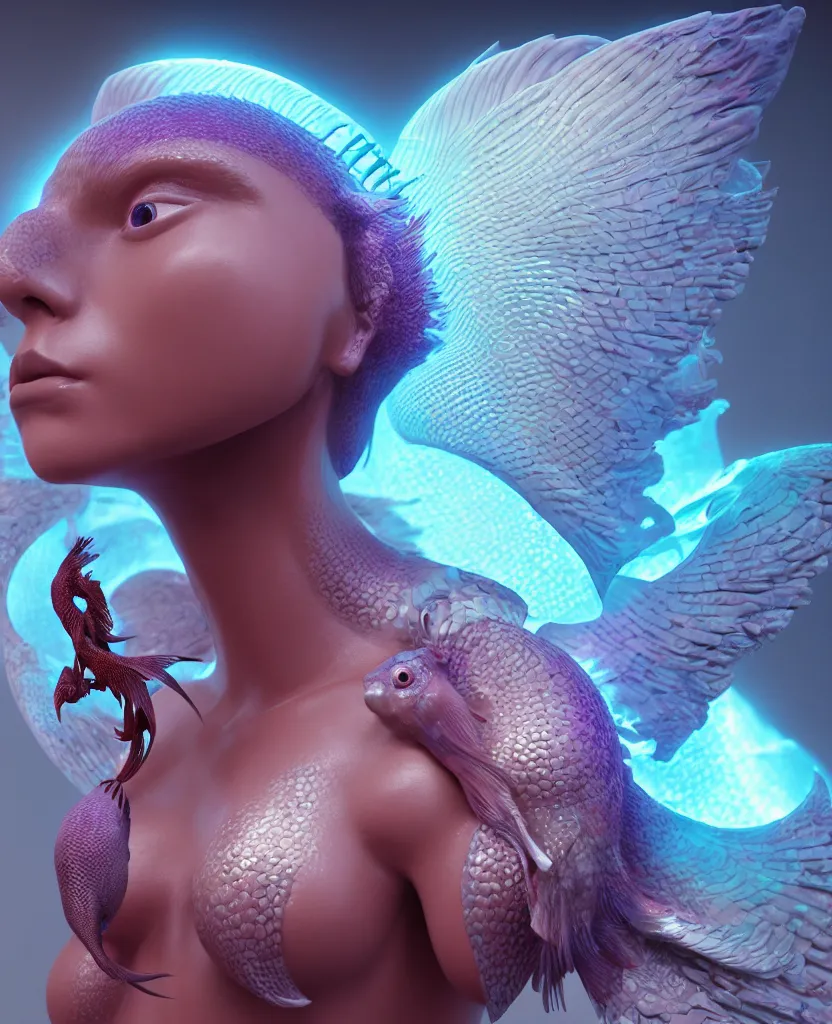 Prompt: goddess sculpture close-up portrait. orchid bird phoenix head, nautilus, skull, betta fish, bioluminiscent creatures, intricate artwork by Tooth Wu and wlop and beeple. octane render, trending on artstation, greg rutkowski very coherent symmetrical artwork. cinematic, hyper realism, high detail, octane render, 8k