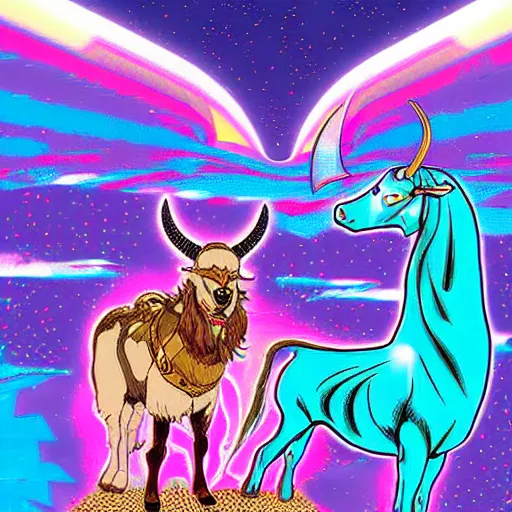 Prompt: Vapor Wave style digital art of Thor riding a big goat, trippy