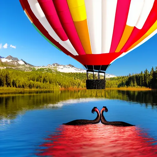 Image similar to photo of two black swans swimming in a beautiful reflective mountain lake, touching heads, forming a heart with their necks, a colorful hot air balloon is flying above the swans, hot air balloon, intricate, portrait, 8k highly professionally detailed, HDR, CGsociety, octane render, 4k