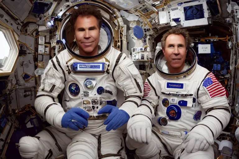 Image similar to 35mm Will Ferrell portrait photo on the international space station, by Emmanuel Lubezki