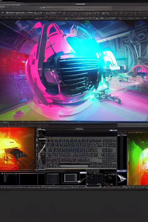 Prompt: photo of a mousepad on a futuristic computer desk, band merchandise, bandname is tripmachine, tourname is invasion of the tripmachines, realistic digital art, mousepad is textured with a 3 d render of a huge futuristic steampunk generator, 8 k, fluorescent colors, halluzinogenic, multicolored, exaggerated detailed, unreal engine