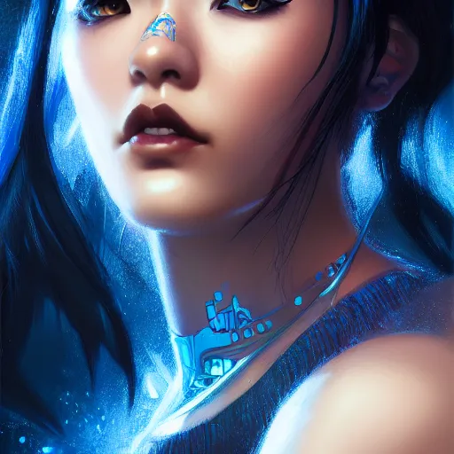 Image similar to closeup portrait of a young asian Cyberpunk woman with dark blue hair, fantasy, intricate, elegant, highly detailed, digital painting, artstation, concept art, matte, sharp focus, illustration, hearthstone, art by Artgerm and Gred Rutkowski and Alphonse Mucha