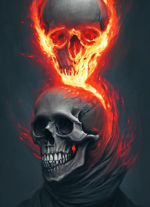 Image similar to A fancy portrait of a Skull on fire by Greg Rutkowski, Sung Choi, Mitchell Mohrhauser, Maciej Kuciara, Johnson Ting, Maxim Verehin, Peter Konig, Bloodborne, 8k photorealistic, cinematic lighting, HD, high details, dramatic, atmospheric , trending on artstation