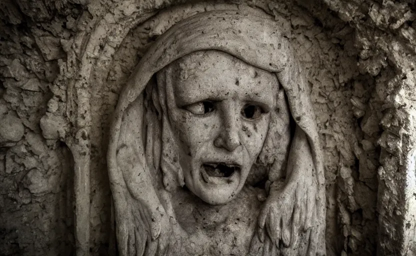 Image similar to several decrepit creepy statues of the archangel gabriel smiling, placed throughout a dark claustrophobic old catacomb, realistic, underexposed photography, security camera footage, wide shot, sinister, foreboding, grainy photo