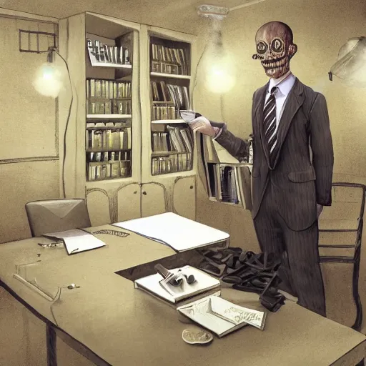Prompt: eldritch secretary working in a lovecraftian office, hyperrealistic photography