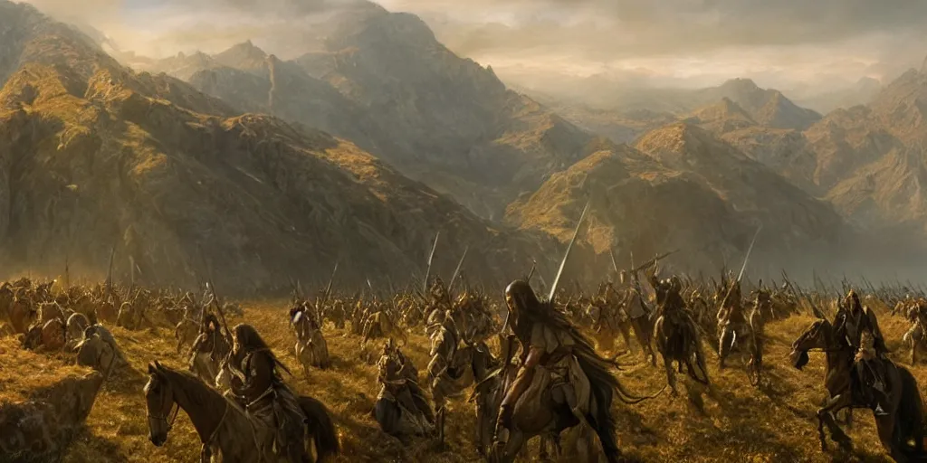 Image similar to Battle of the Hornburg, Aragorn in the foreground, golden hour, detailed matte painting, cinematic, Alan Lee, Artstation