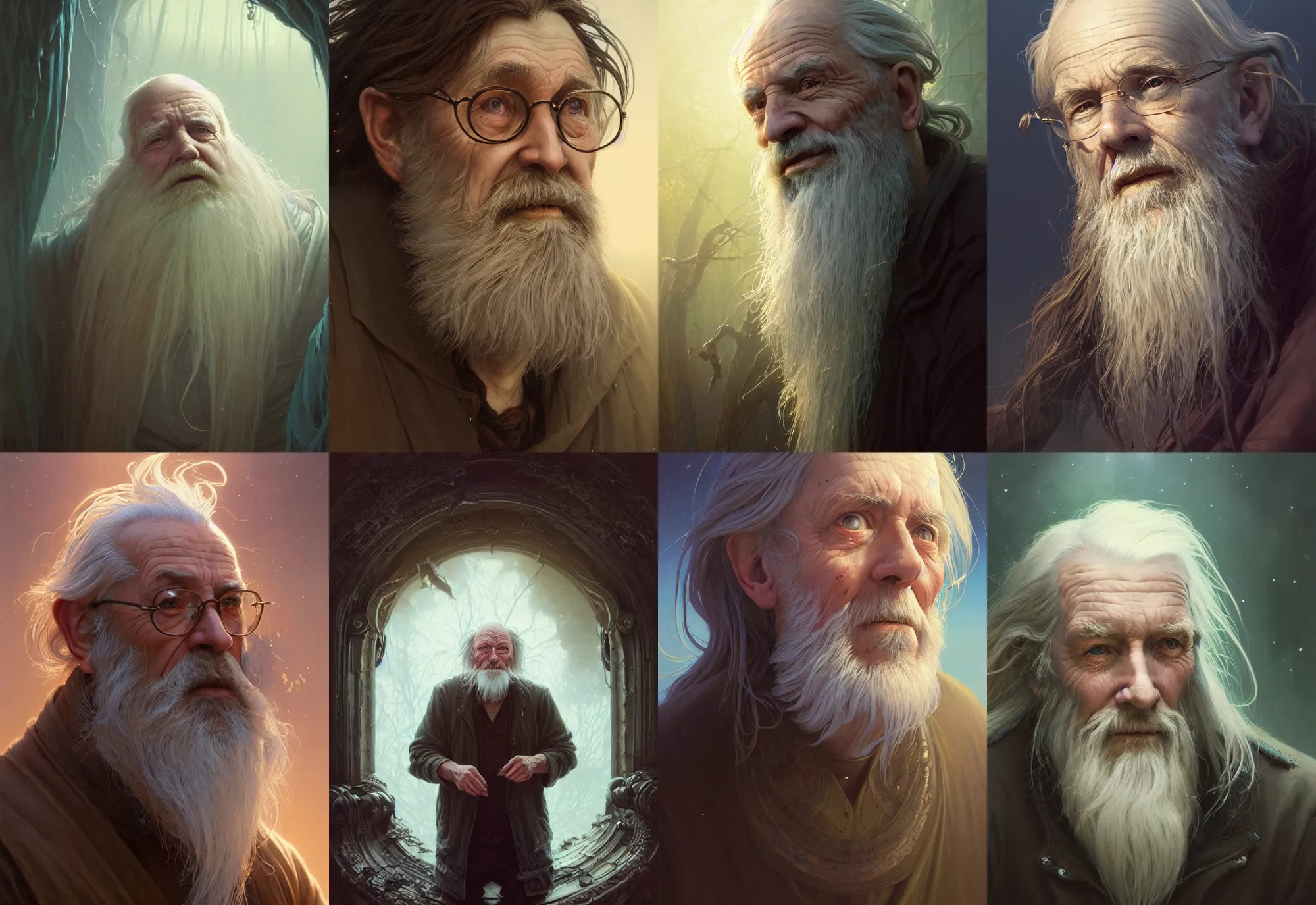 Image similar to highly detailed portrait of a very old man with long hairs, stephen bliss, unreal engine, fantasy art by greg rutkowski, loish, rhads, ferdinand knab, makoto shinkai and lois van baarle, ilya kuvshinov, rossdraws, tom bagshaw, alphonse mucha, global illumination, radiant light, detailed and intricate environment