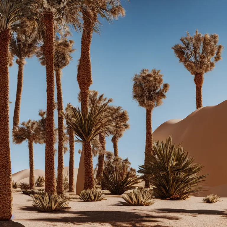 Prompt: a hyperrealistic conde nast traveler photo, mojave desert with palm trees in an oasis, 4 d, 4 k, ray tracing reflections, volumetric lighting and shadows,