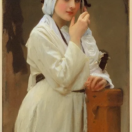 Prompt: orientalism portrait of a cute young woman with twin tails in maid uniform by Edwin Longsden Long and Theodore Ralli and Nasreddine Dinet and Adam Styk masterful intricate artwork