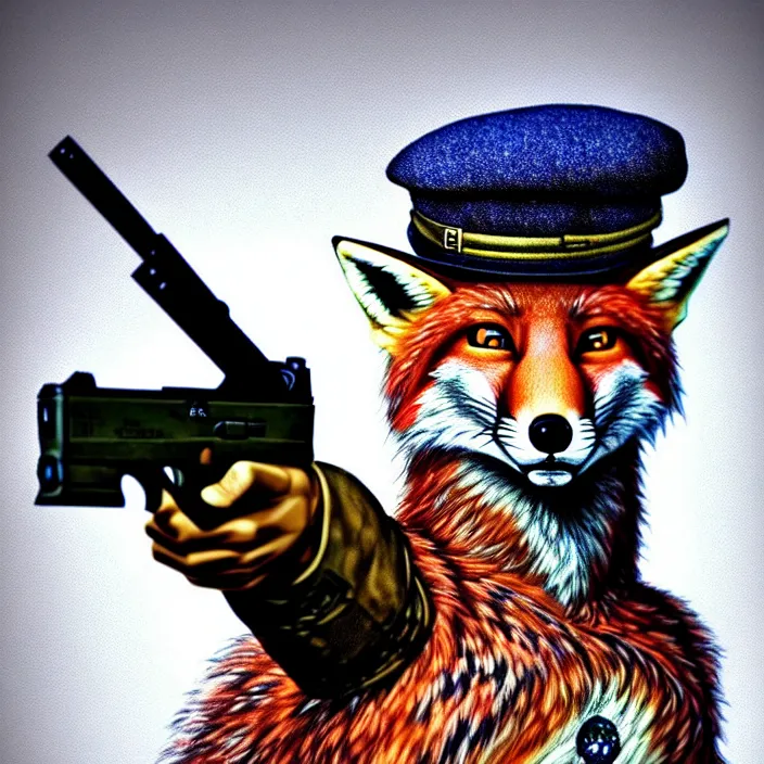 Prompt: hyperrealistic mixed media portrait an anthro fox wearing a beret and pointing a glock at the camera, stunning 3d render inspired art by P. Craig Russell and Barry Windsor-Smith + perfect facial symmetry + dim volumetric lighting, 8k octane beautifully detailed render, post-processing, extremely hyperdetailed, epic composition, grim yet sparkling atmosphere, cinematic lighting + masterpiece, trending on artstation