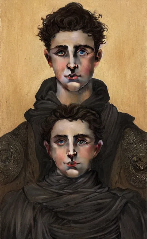 Image similar to beautiful paul atreides timothee chalamet with a three day beard, emperor of the known universe, completely blue eyes, perfect dramatic and dark portrait insanely detailed, concept art, deep focus, intricate, highly detailed, digital painting, artstation, matte, sharp focus, illustration, art by greg rutkowski and alphonse mucha, low angle, dominant eye