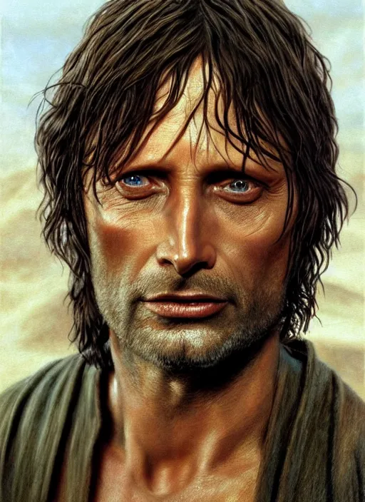 Image similar to Mads Mikkelsen as Aragorn by Alan Lee, medium shot, very detailed eyes, golden hour, concept art, detailed clothing, art station, oil painting