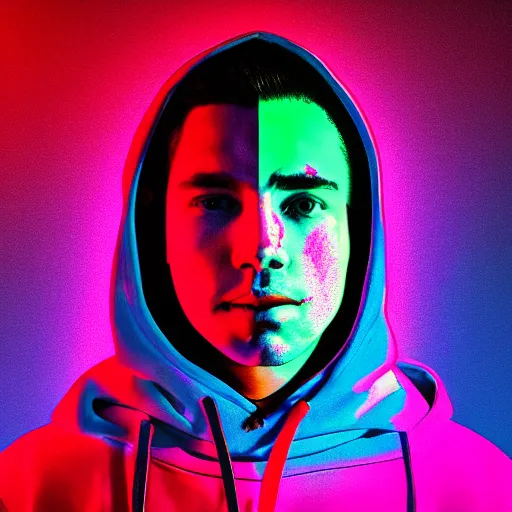 Image similar to bryce wayne in hoodie, portrait, vaporwave, synthwave, neon, vector graphics, cinematic, volumetric lighting, f 8 aperture, cinematic eastman 5 3 8 4 film