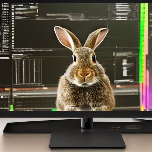 Prompt: A rabbit, playing on a computer, wearing a headset, big monitor, angry, realistic, HDR shot