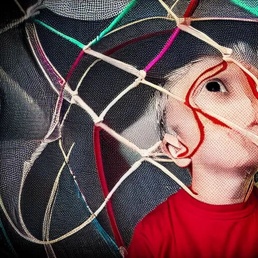 Prompt: boy catches flying eyes with a net, psychodelic, surreal