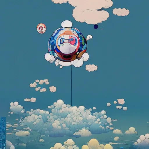 Image similar to a man walking on clouds above kyoto by takashi murakami, beeple and james jean, aya takano color style, 4 k, super detailed