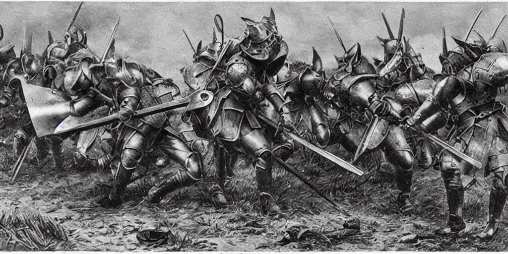 Image similar to anthropomorphic furry wolf in armor fighting in a battlefield, 1900s picture