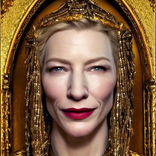Prompt: Portrait cate blanchett ancient biblical, sultry, sneering, evil, pagan, wicked, queen jezebel, wearing gilded ribes, highly detailed, painting