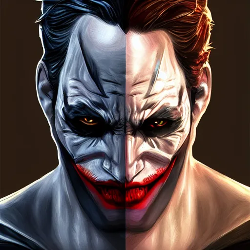 Image similar to half Batman half joker face, digital painting, amazing detail, artstation, cgsociety