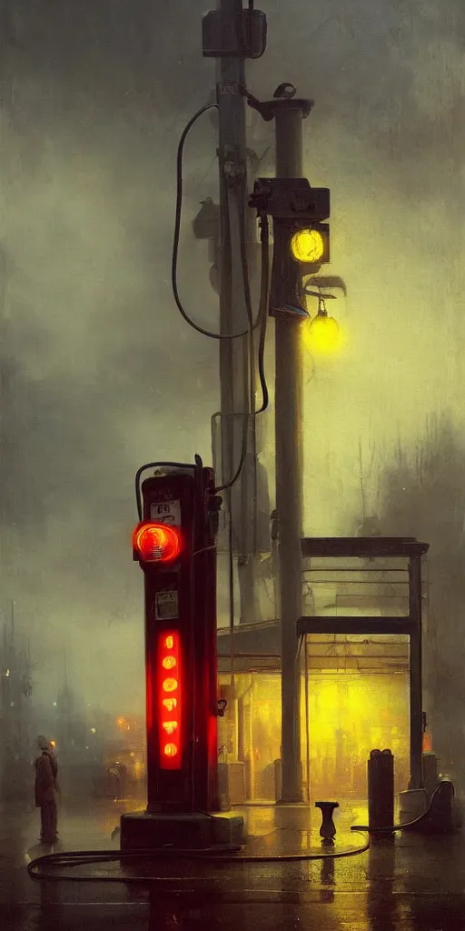 Image similar to a gas station in 1 9 4 0 with yellow and red light in the middle of the night, a men stand up next to the pump, mystical blue fog, oil on canvas, art by andreas achenbach, clemens ascher, tom bagshaw and sabbas apterus,