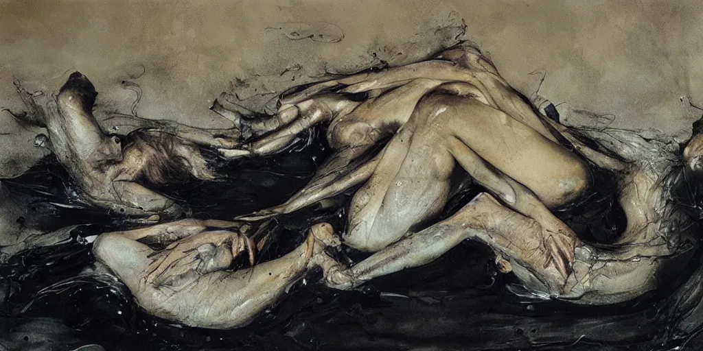 Image similar to black swans melting together in the dark waters. by andrew wyeth, jenny saville and nicola samori