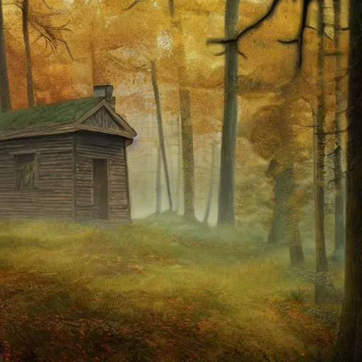 Prompt: an old hut in an autumn forest, shaman is near, green and brown tones, by Aron Wiesenfeld and beksincki, cinematic, detailed illustration, nature, fog, dark colors, suspense, intricate, 8k