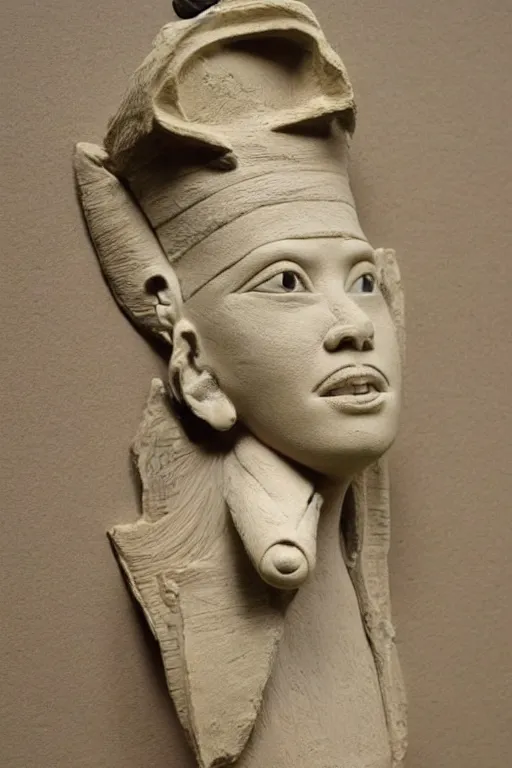 Image similar to a highly detailed beautiful portrait clay sculpture of a egyptian god with facial expression : enthusiastic sculpted by philippe faraut.