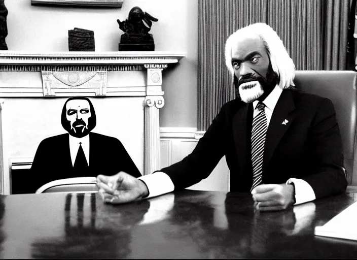 Prompt: photo portrait of worf as president of the united states wearing a suit, in the oval office interior, klingon weapons decorating the walls, ( ( photograph ) ), moody, realistic, detailed, skin tinted a warm tone