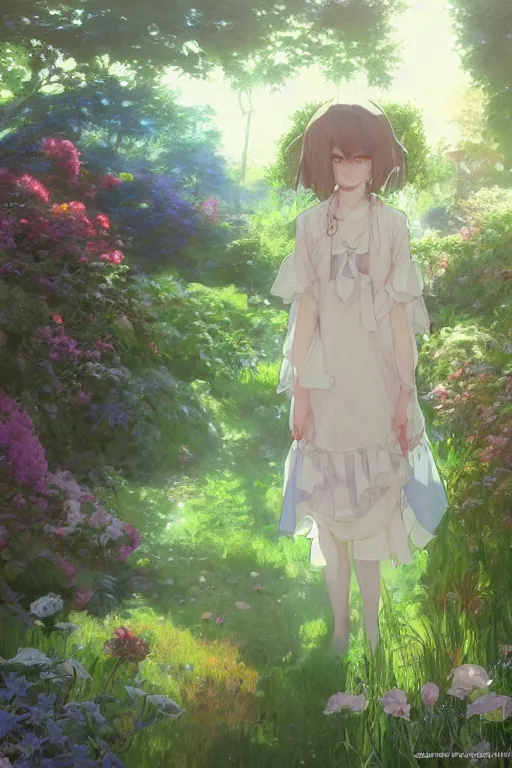 Image similar to a depressed digital art, loli in dress, garden, green and warm theme, blue accents, back lighting, highly detailed, 4 k resolution, trending on art station, by krenz cushart and mucha and akihito yoshida and greg rutkowski and makoto shinkai