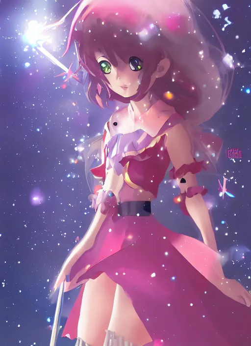 Image similar to a magical girl transformed in a meteor shower, anime, pixiv, artstation